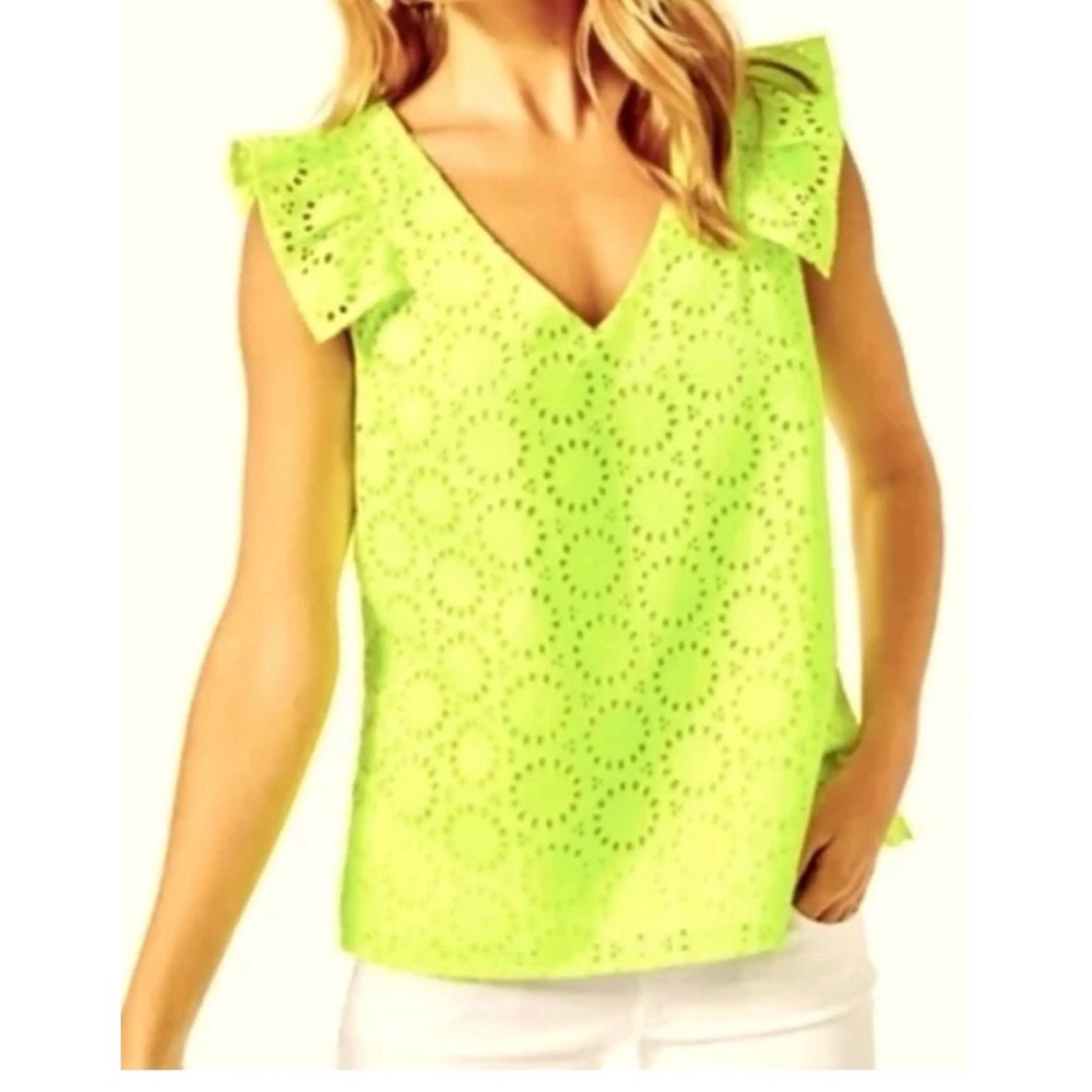 LILLY PULITZER NEON YELLOW LINA TOP XXS Geo‎ Eyelet prickly pear womens blouse